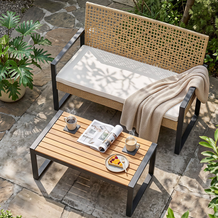 Outdoor Rattan Loveseat Sofa with Coffee Table, Acacia Wood Top