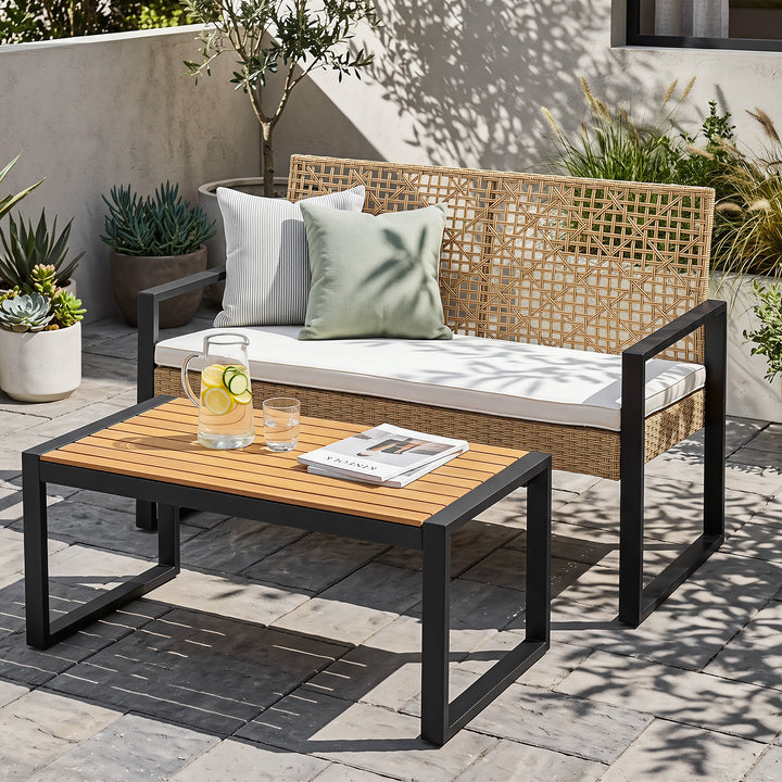 Outdoor Rattan Loveseat Sofa with Coffee Table, Acacia Wood Top