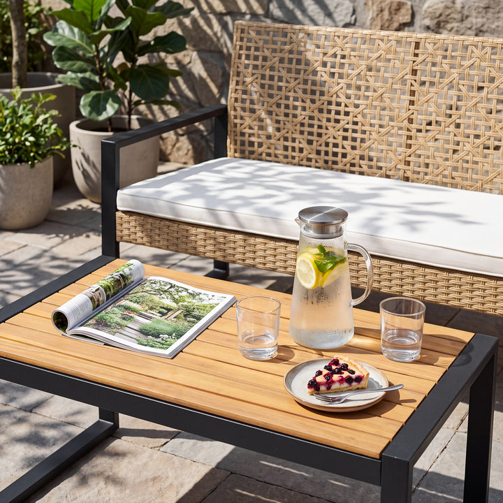 Outdoor Rattan Loveseat Sofa with Coffee Table, Acacia Wood Top