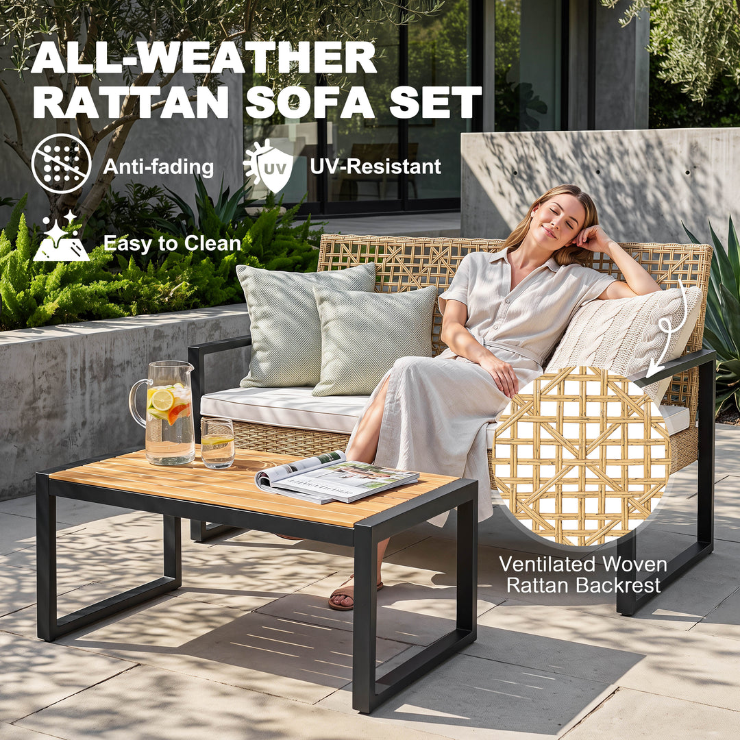 Outdoor Rattan Loveseat Sofa with Coffee Table, Acacia Wood Top
