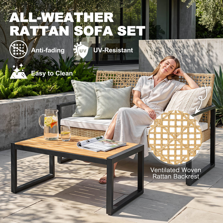 Outdoor Rattan Loveseat Sofa with Coffee Table, Acacia Wood Top