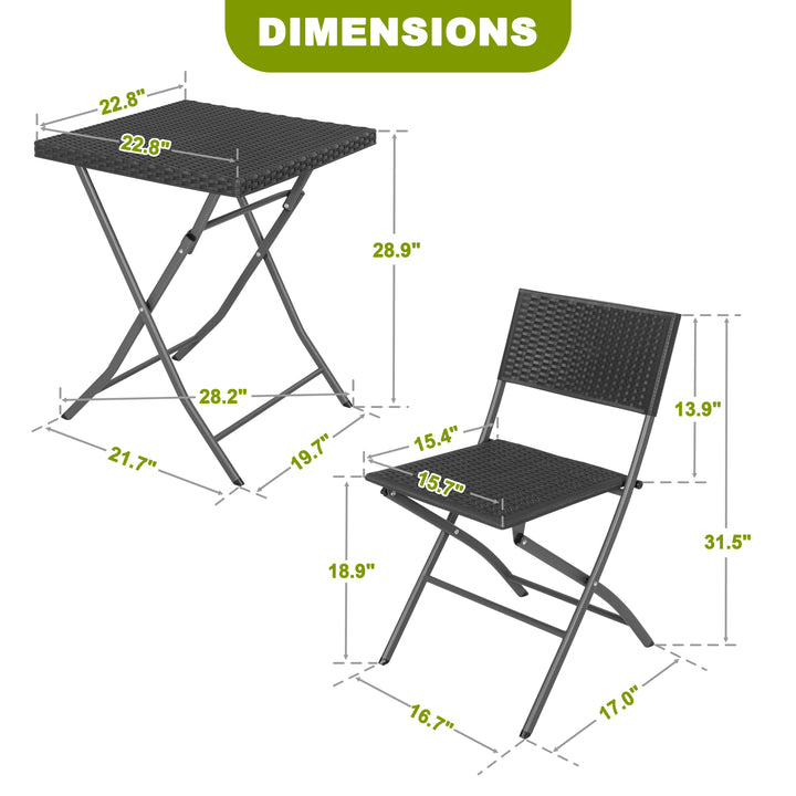 Outdoor 3 Pieces Folding Bistro Set, Waterproof PP Rattan Table and Chairs