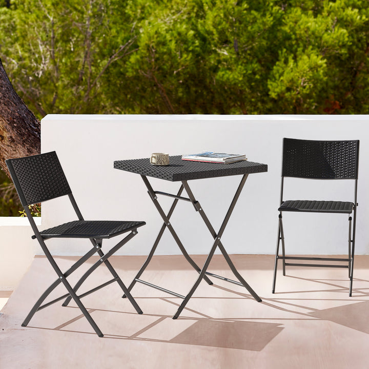 Outdoor 3 Pieces Folding Bistro Set, Waterproof PP Rattan Table and Chairs