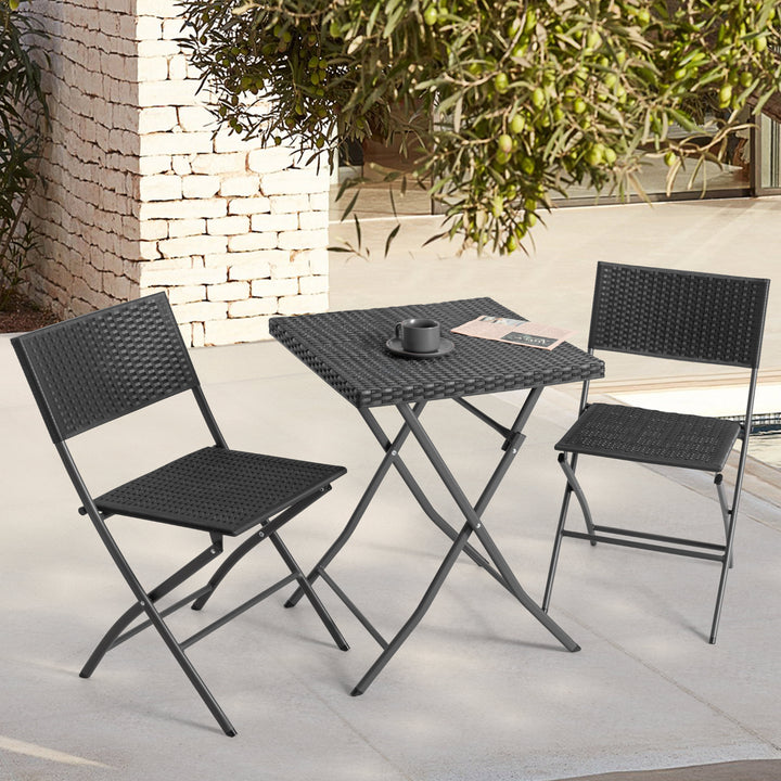 Outdoor 3 Pieces Folding Bistro Set, Waterproof PP Rattan Table and Chairs