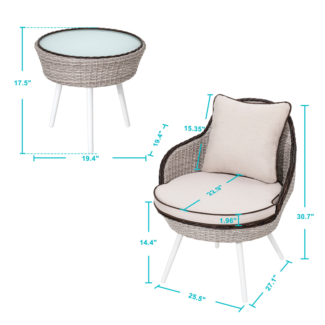 Outdoor 3-Piece Patio Set, Bistro Sofas for 2 Person with Bistro Table and Cushions for Balcony Garden Backyard Restaurant Cafe Bar, All-Weather Rattan, White and Light Coffee