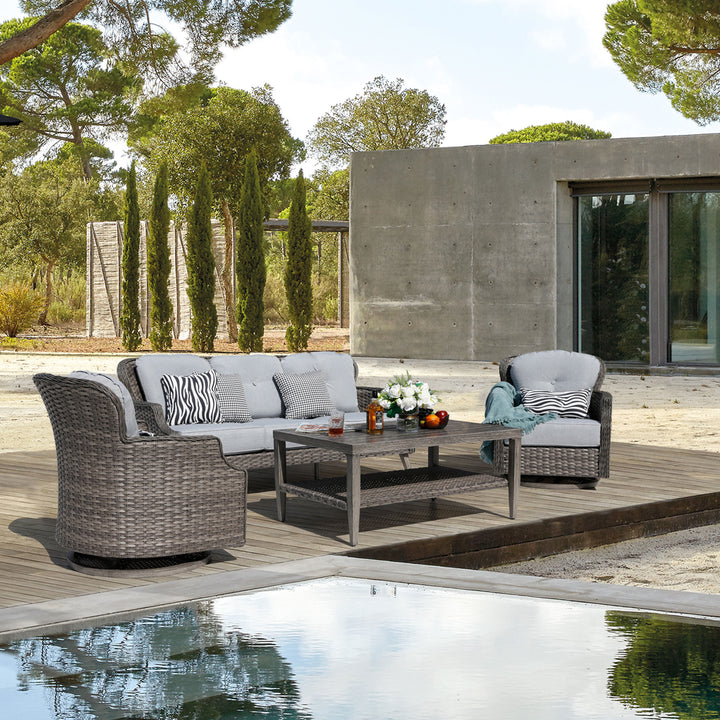 Rectangle Wicker Aluminum Gas Gray Fire Pit Table Kits with Swivel Chairs