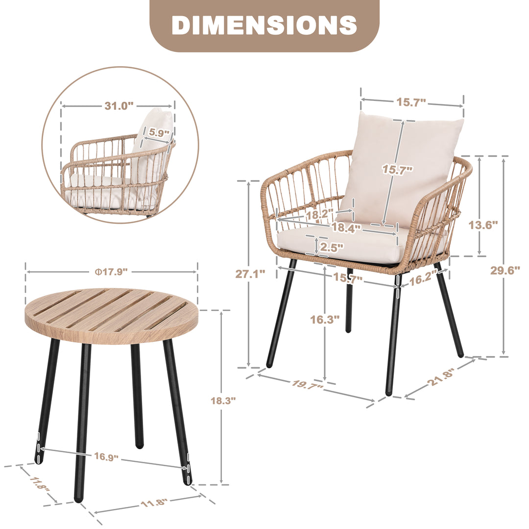 3-Piece Metal and PE Wicker Patio Bistro Set with Soft Cushions