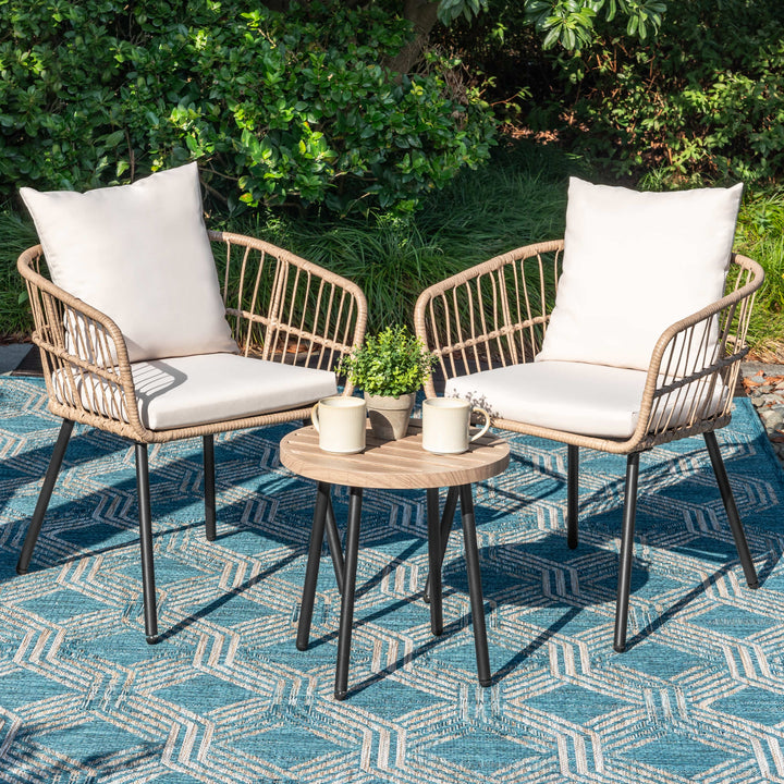 3-Piece Metal and PE Wicker Patio Bistro Set with Soft Cushions