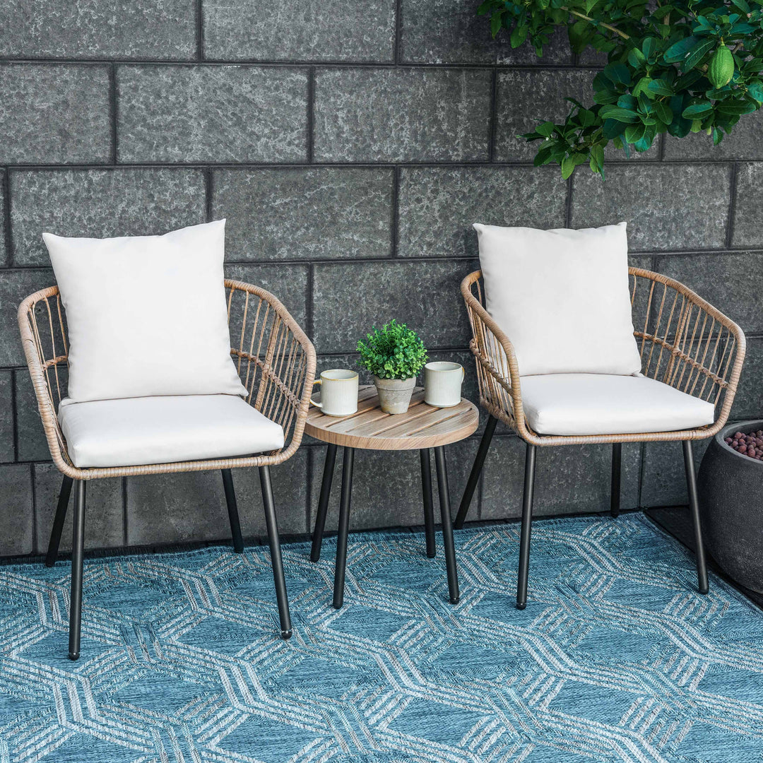 3-Piece Metal and PE Wicker Patio Bistro Set with Soft Cushions