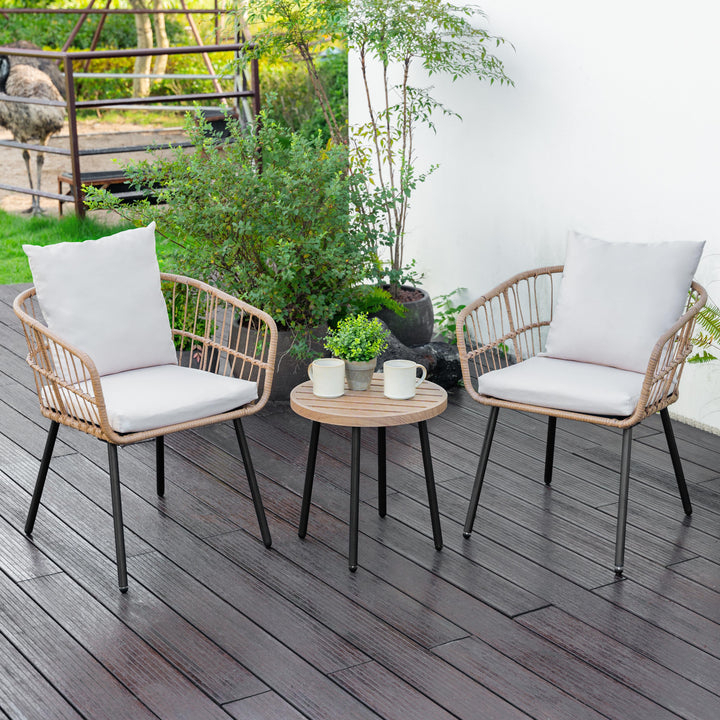 3-Piece Metal and PE Wicker Patio Bistro Set with Soft Cushions