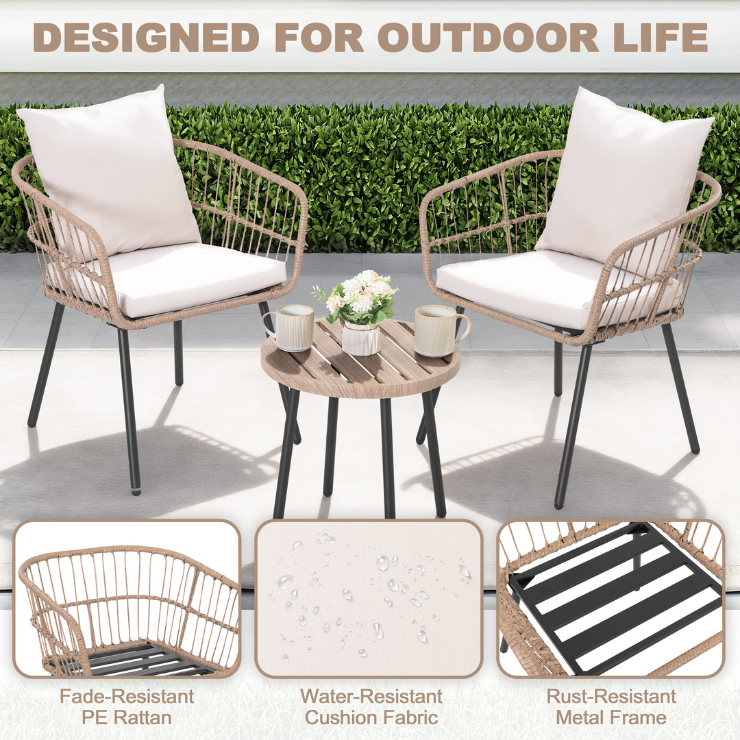 3-Piece Metal and PE Wicker Patio Bistro Set with Soft Cushions