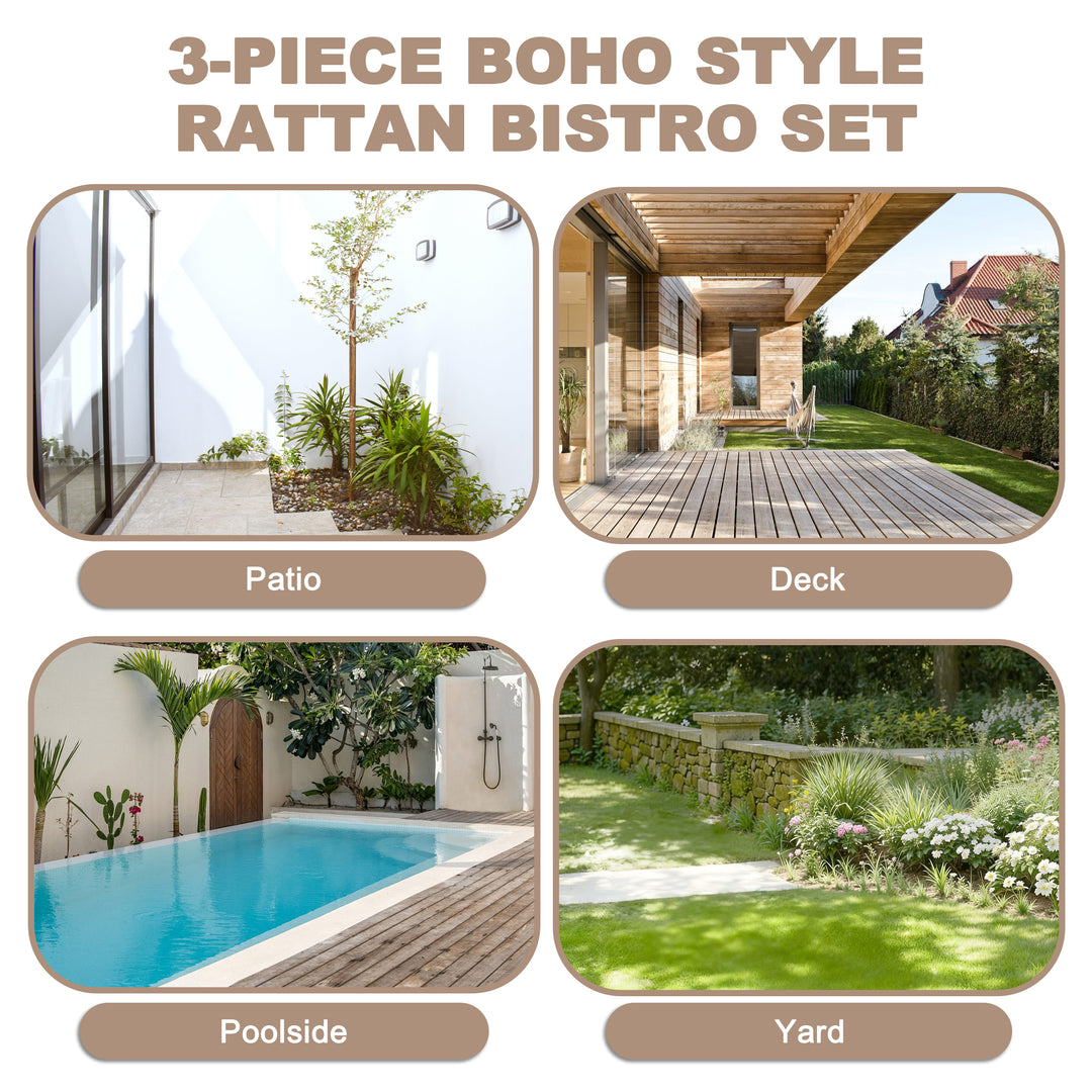 3-Piece Metal and PE Wicker Patio Bistro Set with Soft Cushions