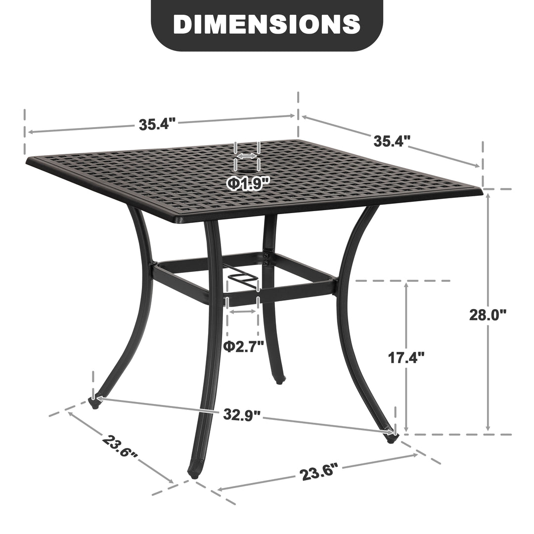 Square Cast Aluminum Outdoor Dining Table with Umbrella Hole
