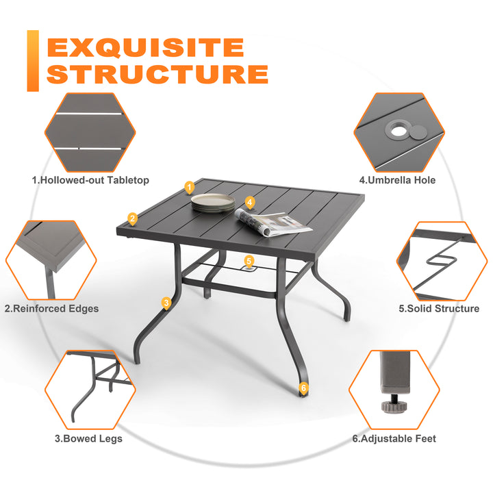 Outdoor Square 37 Inch Iron Dining Table with 1.57'' Umbrella Hole