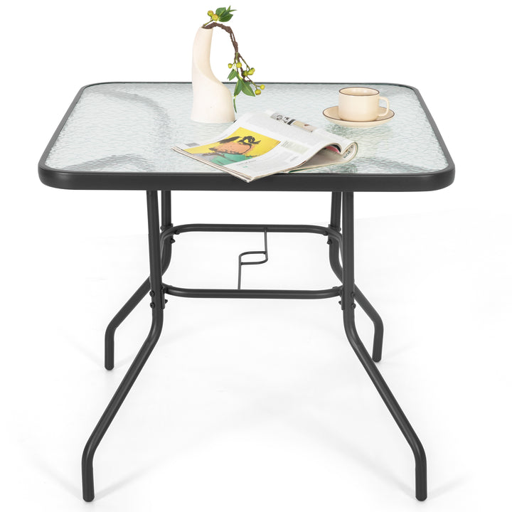 Square Outdoor Dining Table, Metal Tempered Glass Patio Table with Umbrella Hole