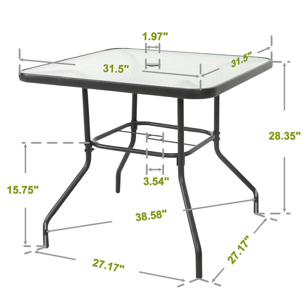 Square Outdoor Dining Table, Metal Tempered Glass Patio Table with Umbrella Hole