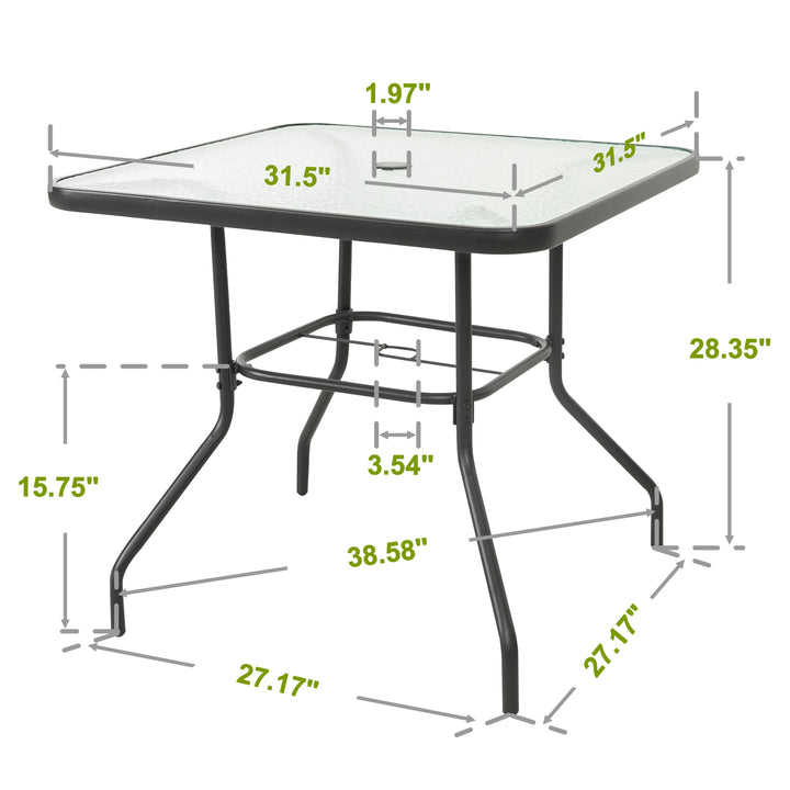 Square Outdoor Dining Table, Metal Tempered Glass Patio Table with Umbrella Hole