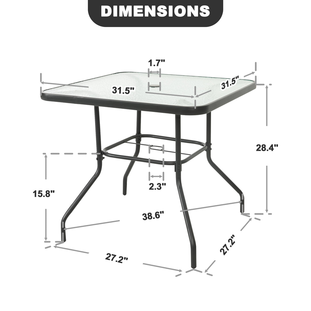 Square Outdoor Dining Table, Metal Tempered Glass Patio Table with Umbrella Hole