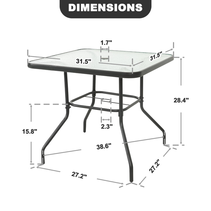 Square Outdoor Dining Table, Metal Tempered Glass Patio Table with Umbrella Hole