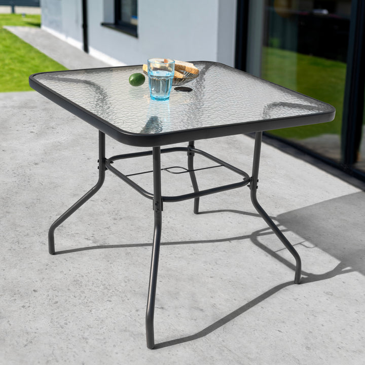 Square Outdoor Dining Table, Metal Tempered Glass Patio Table with Umbrella Hole
