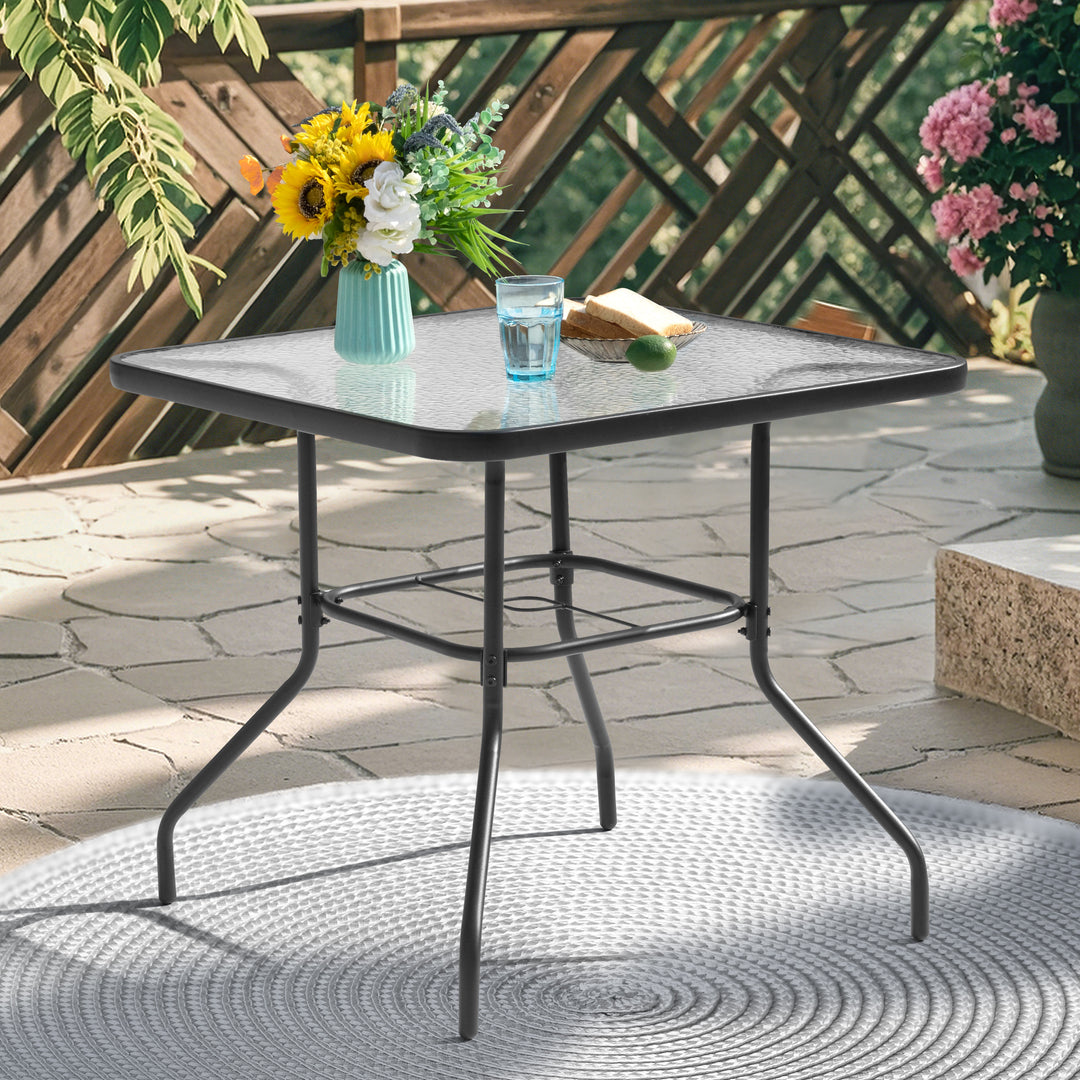 Square Outdoor Dining Table, Metal Tempered Glass Patio Table with Umbrella Hole
