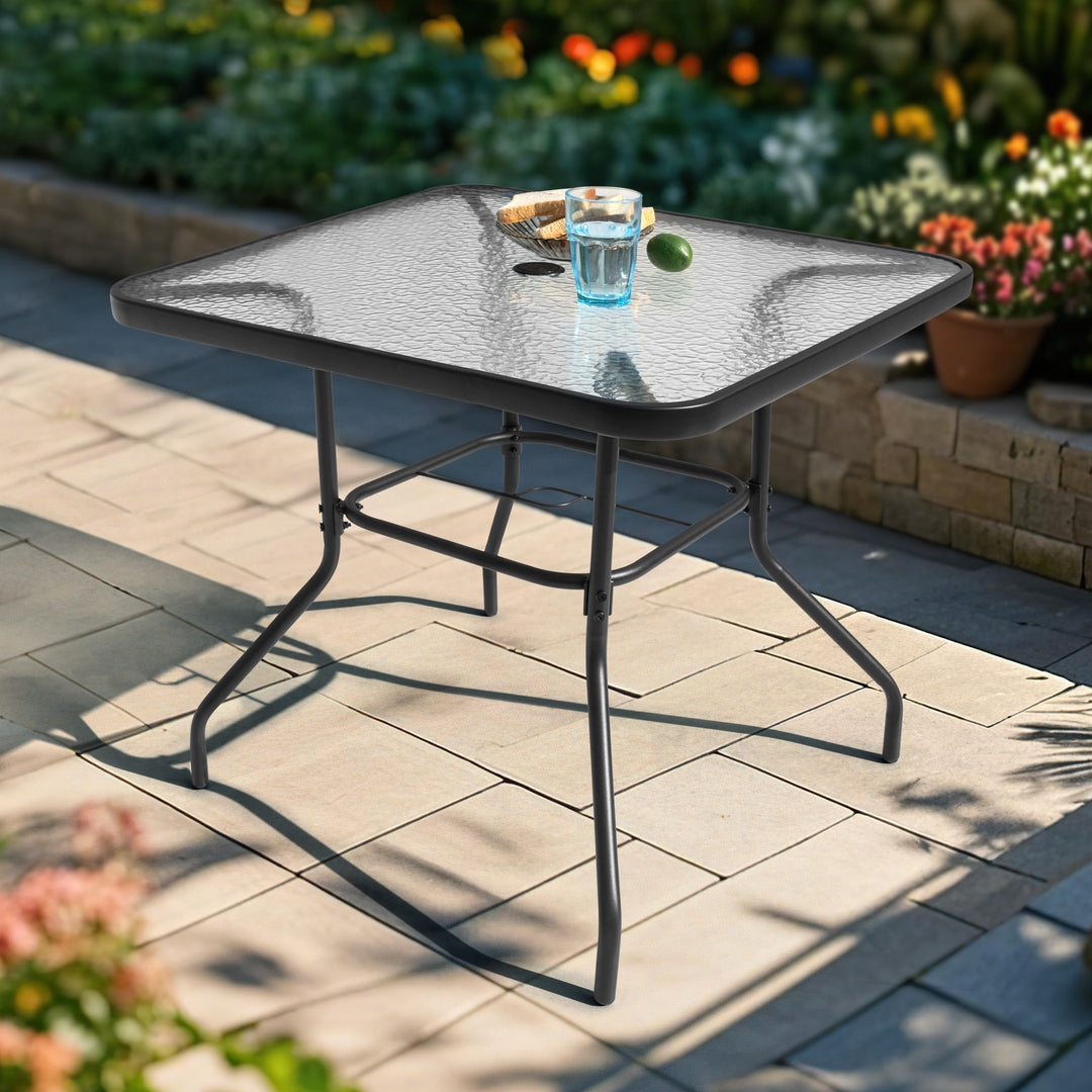 glass patio table with umbrella Square Outdoor Dining Table, Metal Tempered Glass Patio Table with Umbrella Hole