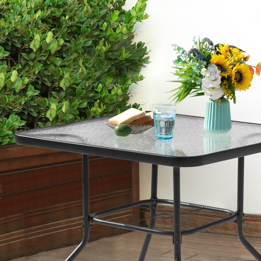 glass top patio dining table with umbrella hole Square Outdoor Dining Table, Metal Tempered Glass Patio Table with Umbrella Hole