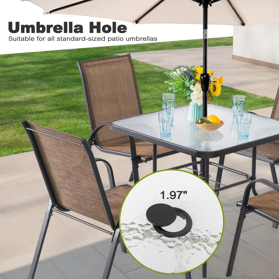 Square Outdoor Dining Table, Metal Tempered Glass Patio Table with Umbrella Hole