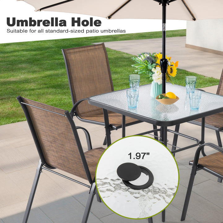 Square Outdoor Dining Table, Metal Tempered Glass Patio Table with Umbrella Hole