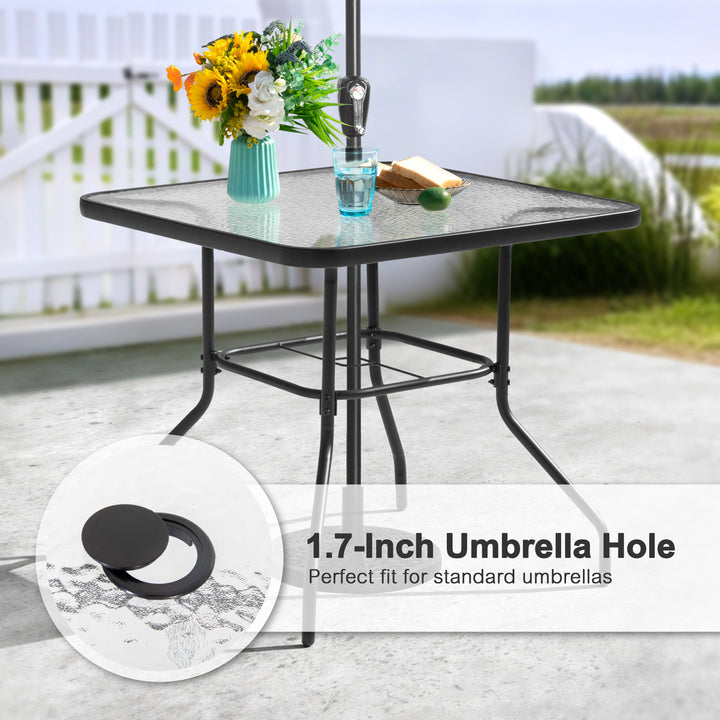 Square Outdoor Dining Table, Metal Tempered Glass Patio Table with Umbrella Hole