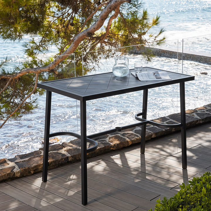 Metal Rectangular Outdoor Bar Table with Diamond-Patterned Tabletop