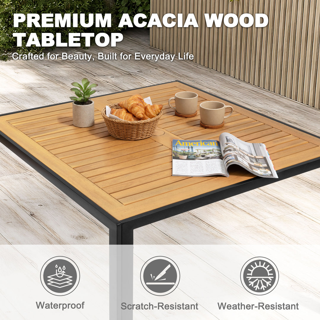 Outdoor Dining Table with Umbrella Hole and Acacia Wood Tabletop