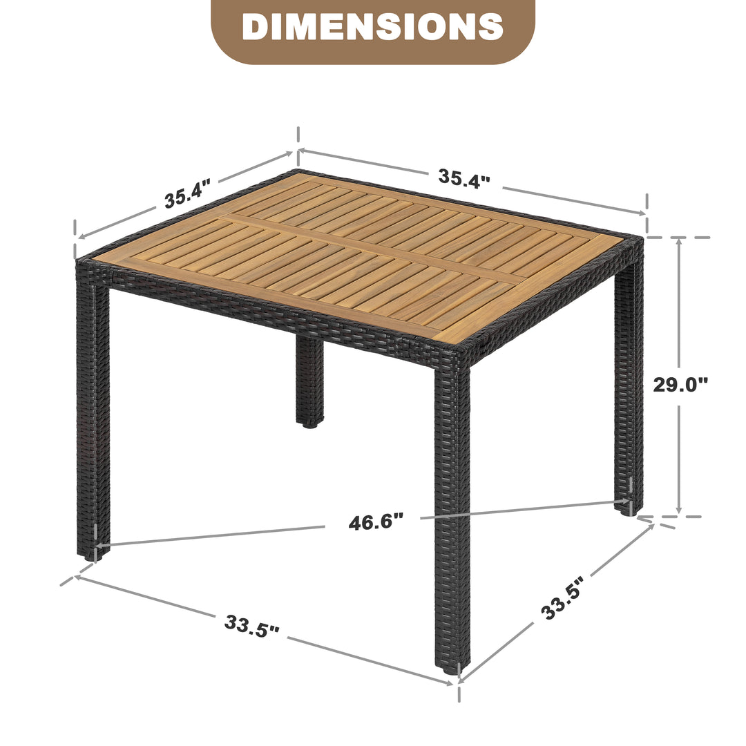 Patio Dining Table for 4, Acacia Wood Top, PE Rattan-Wrapped Metal Frame