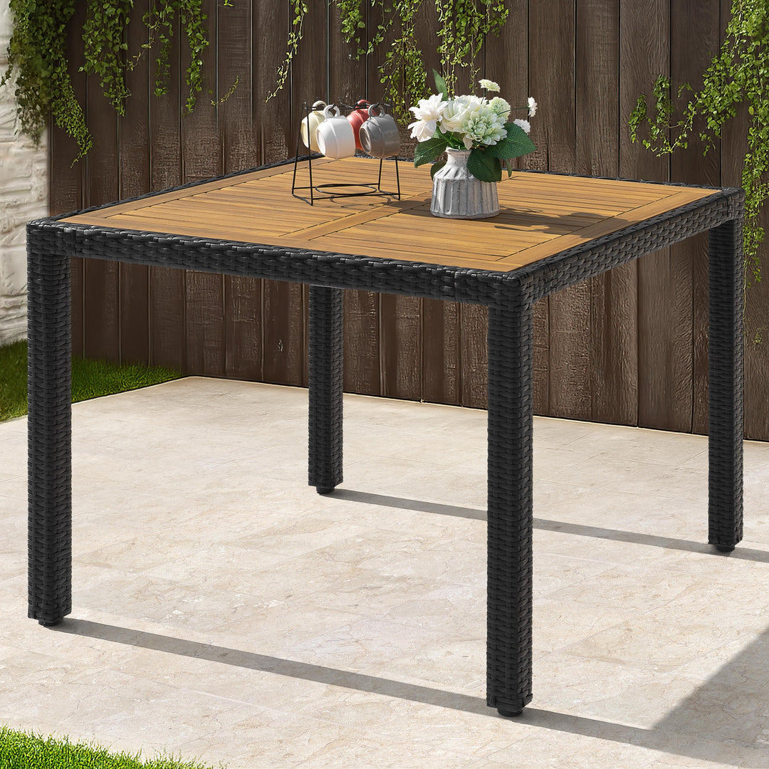 Patio Dining Table for 4, Acacia Wood Top, PE Rattan-Wrapped Metal Frame