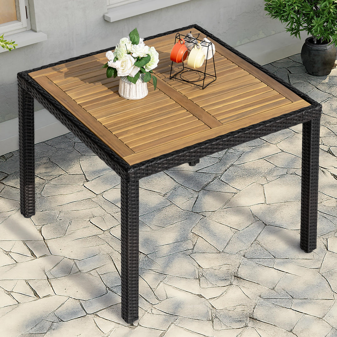 Patio Dining Table for 4, Acacia Wood Top, PE Rattan-Wrapped Metal Frame