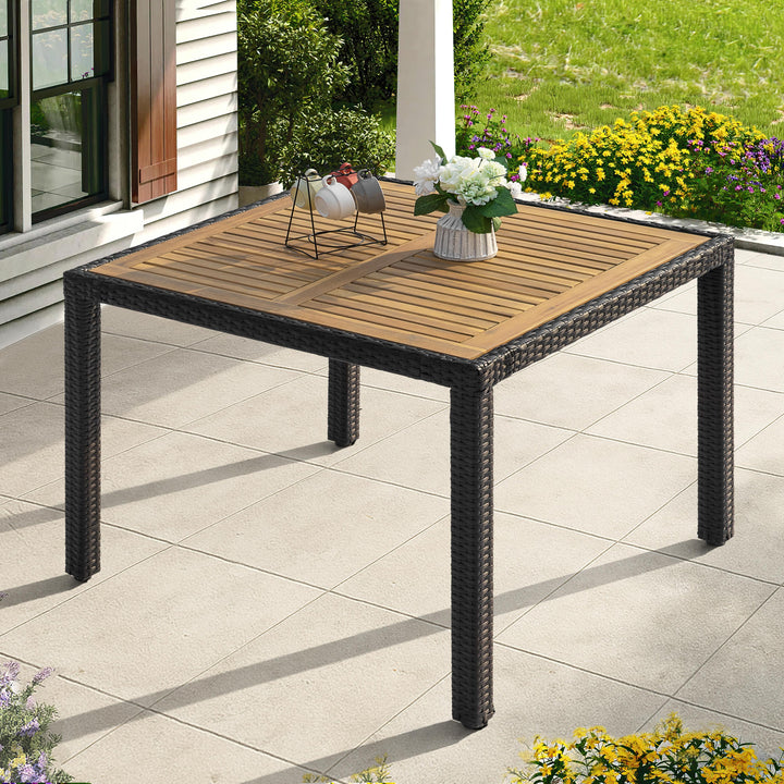 Patio Dining Table for 4, Acacia Wood Top, PE Rattan-Wrapped Metal Frame