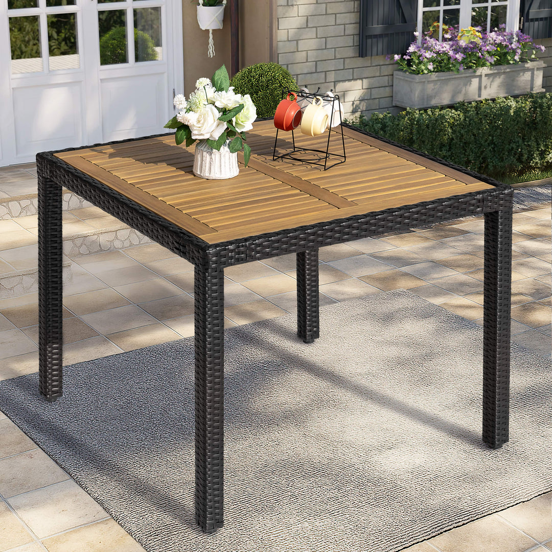 Patio Dining Table for 4, Acacia Wood Top, PE Rattan-Wrapped Metal Frame