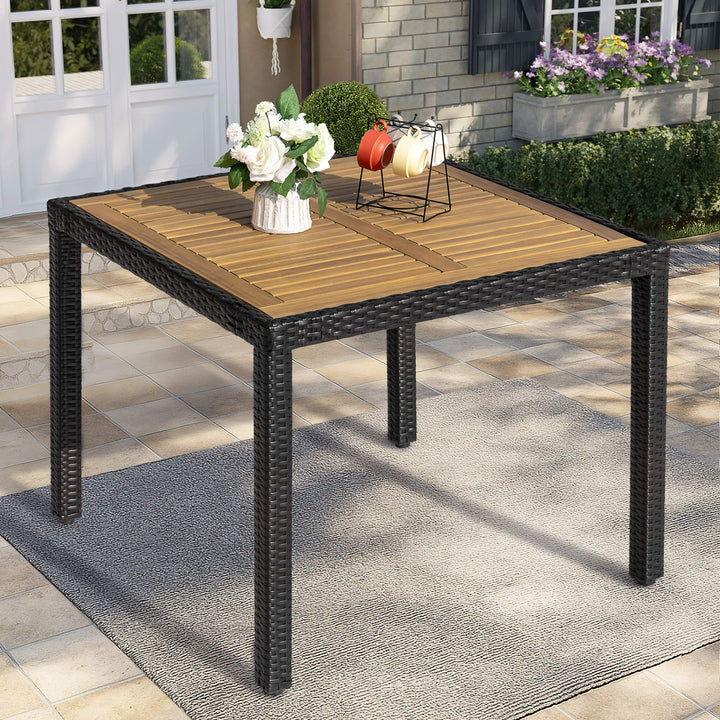 Patio Dining Table for 4, Acacia Wood Top, PE Rattan-Wrapped Metal Frame