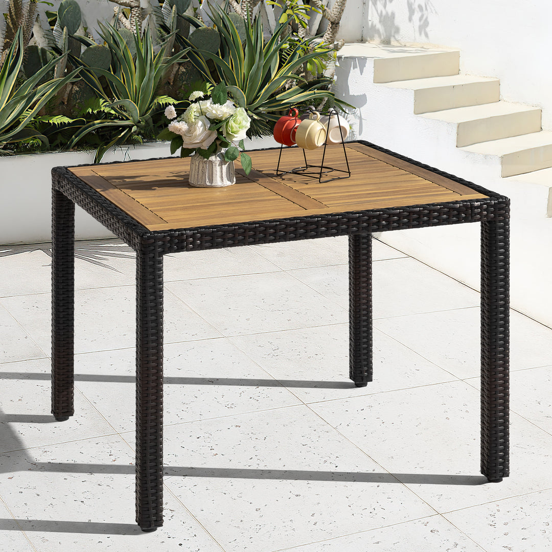 Patio Dining Table for 4, Acacia Wood Top, PE Rattan-Wrapped Metal Frame