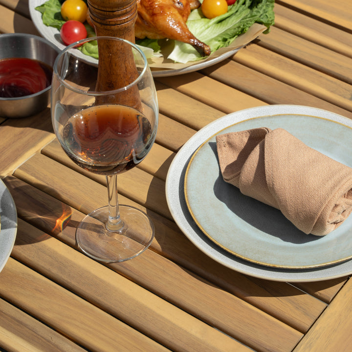 Patio Dining Table for 4, Acacia Wood Top, PE Rattan-Wrapped Metal Frame