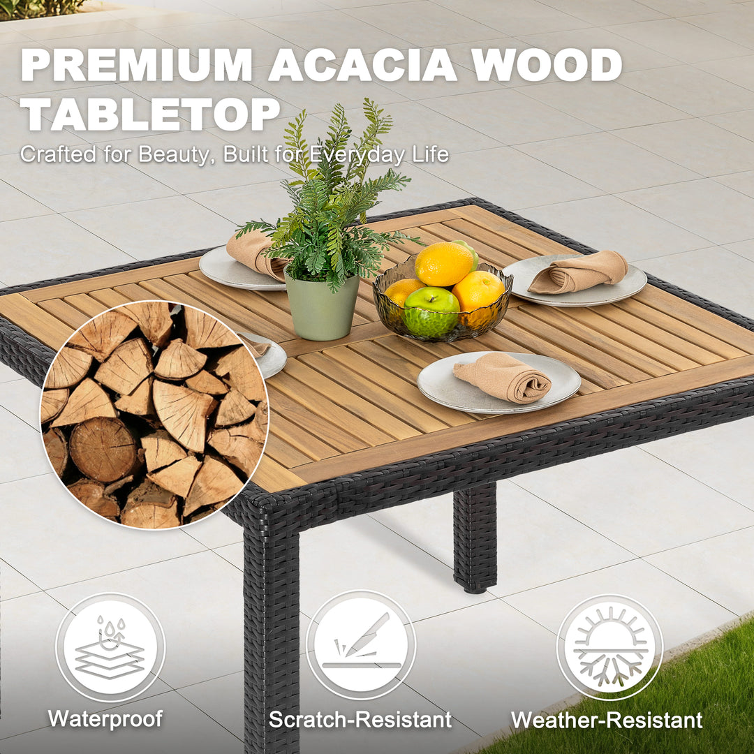 Patio Dining Table for 4, Acacia Wood Top, PE Rattan-Wrapped Metal Frame
