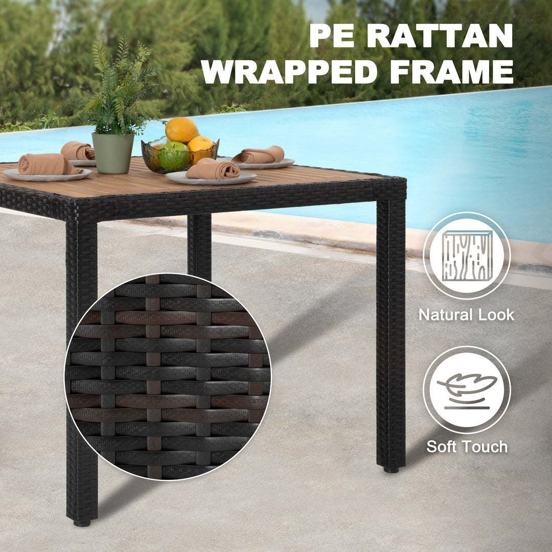 Patio Dining Table for 4, Acacia Wood Top, PE Rattan-Wrapped Metal Frame