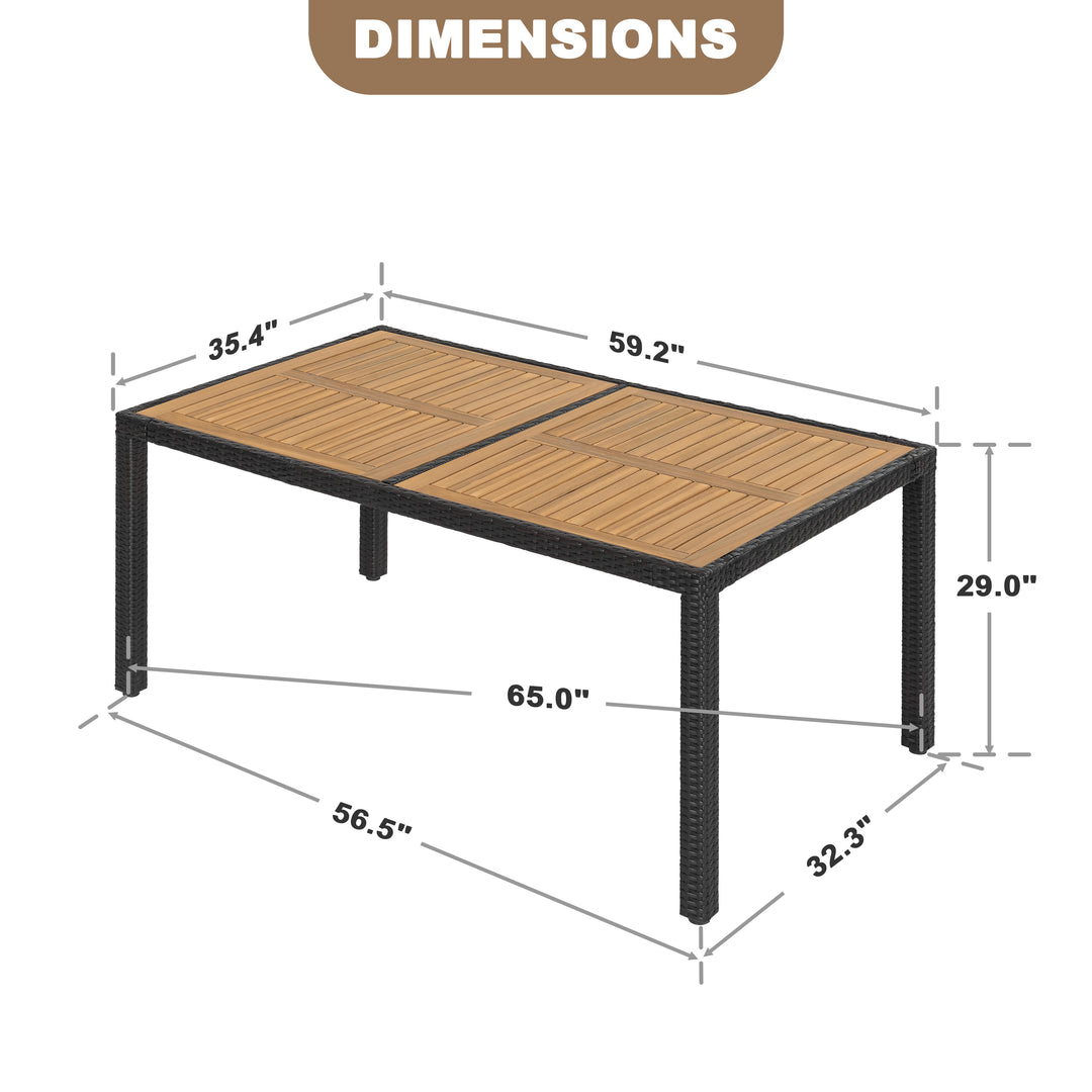 Patio Dining Table for 6, Acacia Wood Top, PE Rattan-Wrapped Metal Frame