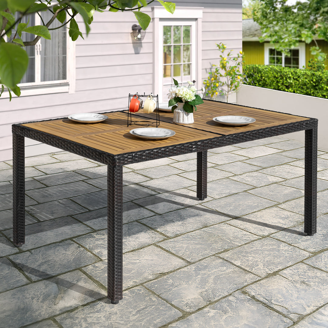 Patio Dining Table for 6, Acacia Wood Top, PE Rattan-Wrapped Metal Frame