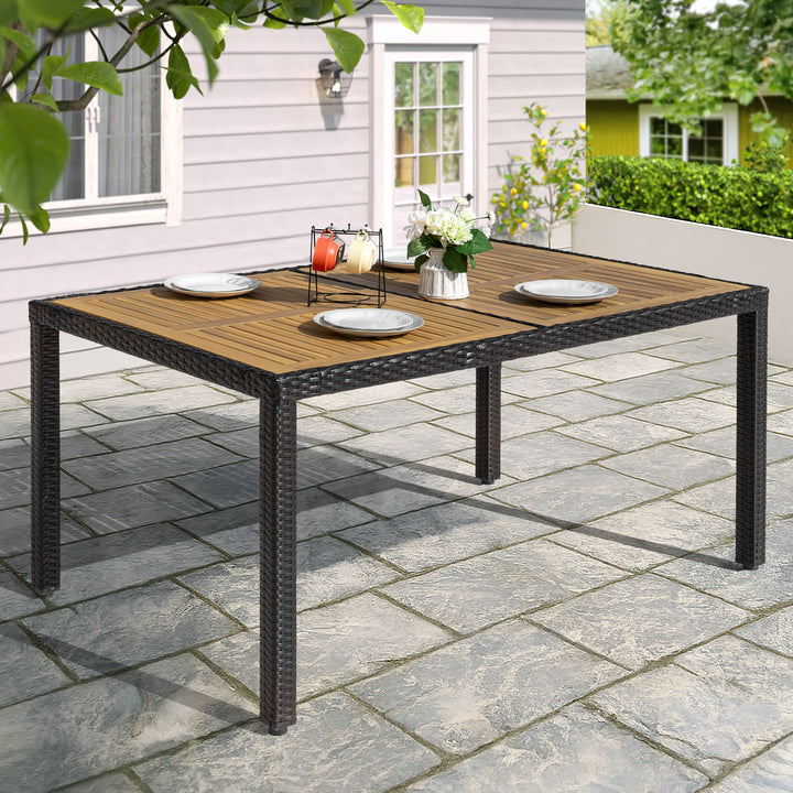 Patio Dining Table for 6, Acacia Wood Top, PE Rattan-Wrapped Metal Frame