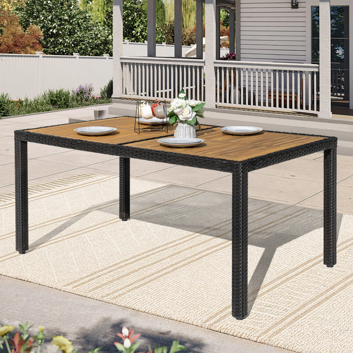 Patio Dining Table for 6, Acacia Wood Top, PE Rattan-Wrapped Metal Frame