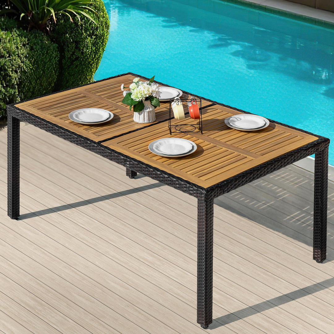 Patio Dining Table for 6, Acacia Wood Top, PE Rattan-Wrapped Metal Frame