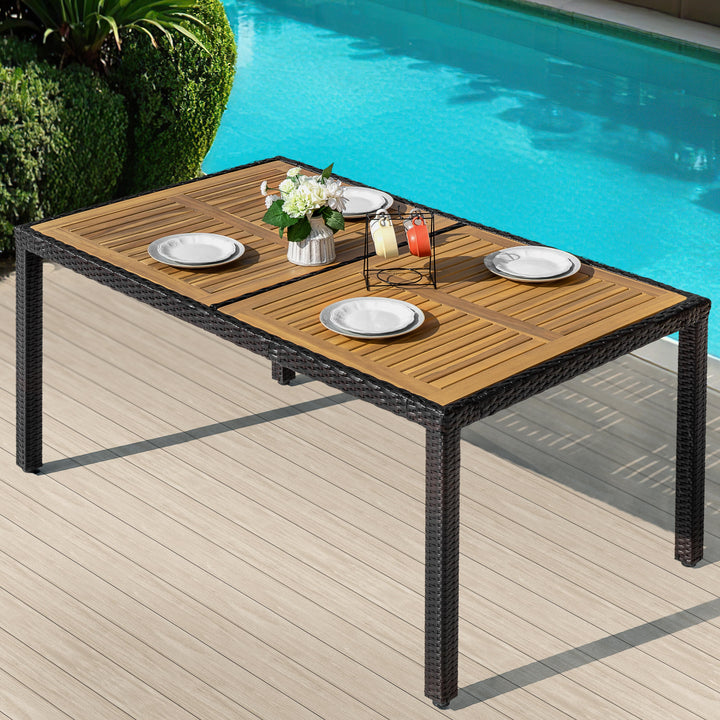 Patio Dining Table for 6, Acacia Wood Top, PE Rattan-Wrapped Metal Frame