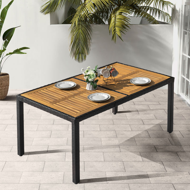 Patio Dining Table for 6, Acacia Wood Top, PE Rattan-Wrapped Metal Frame