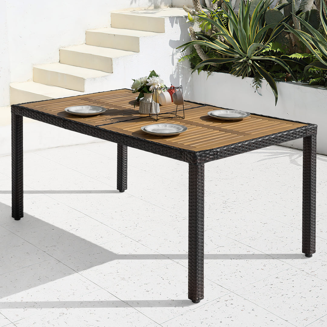 Patio Dining Table for 6, Acacia Wood Top, PE Rattan-Wrapped Metal Frame